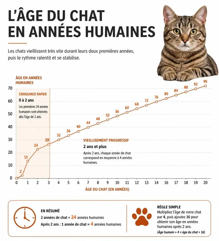 Infographie montrant la conversion de l'âge du chat en âge humain pour comprendre le convertisseur d'âge chat