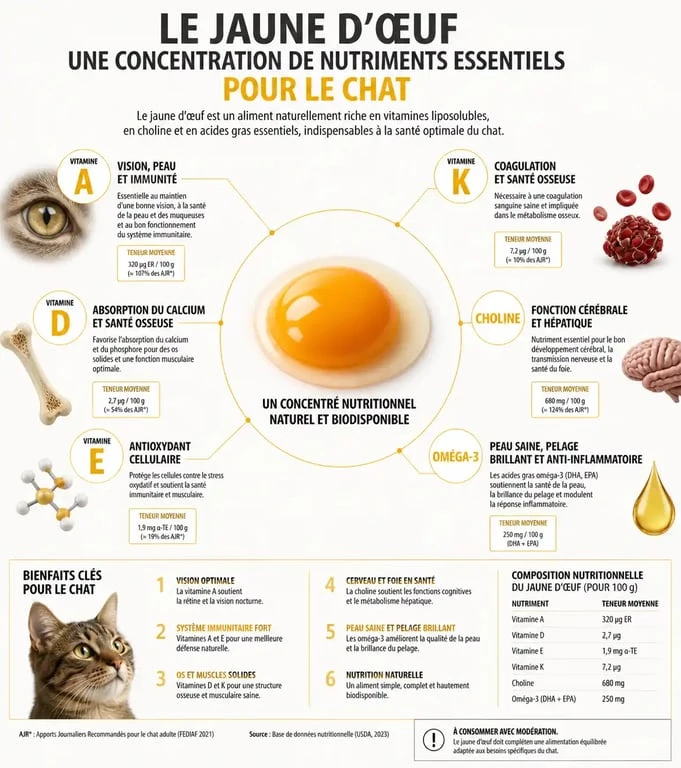 Infographie des bienfaits nutritionnels du jaune d'œuf pour chat