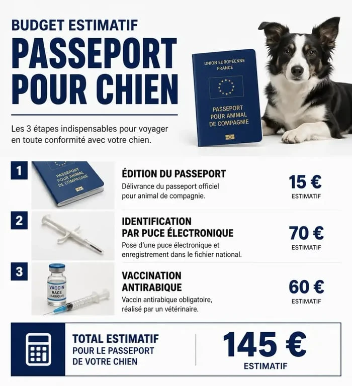 Infographie récapitulative du prix et des étapes pour obtenir un passeport pour chien