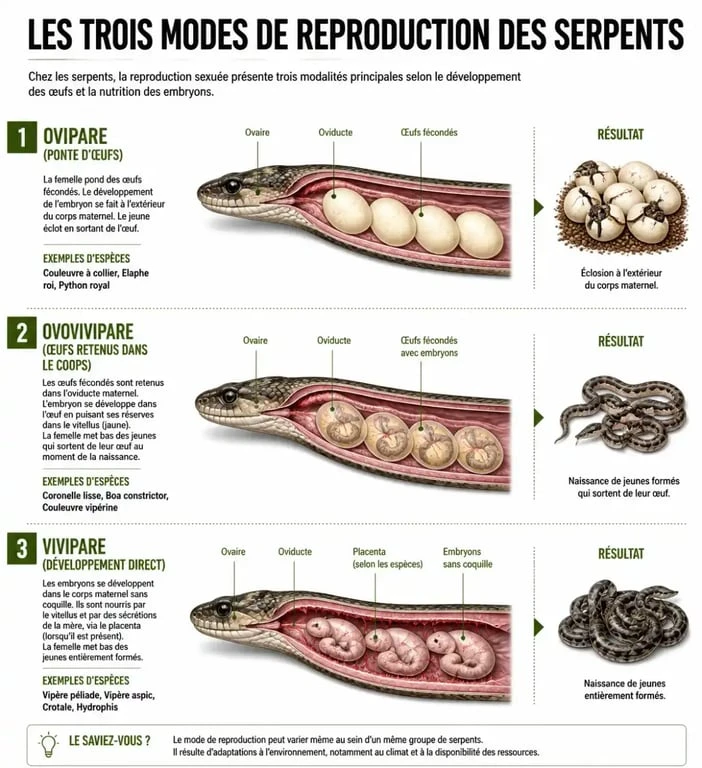 Infographie sur les trois modes de reproduction des serpents : ovipare, vivipare et ovovivipare