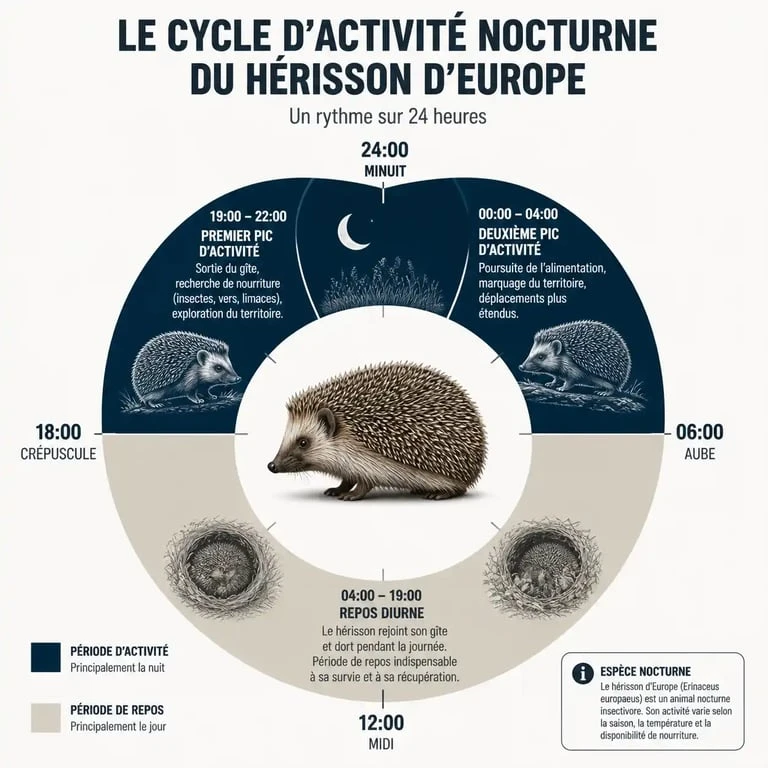 Infographie du cycle d'activité nocturne du hérisson d'Europe pour comprendre à quelle heure sortent les hérissons