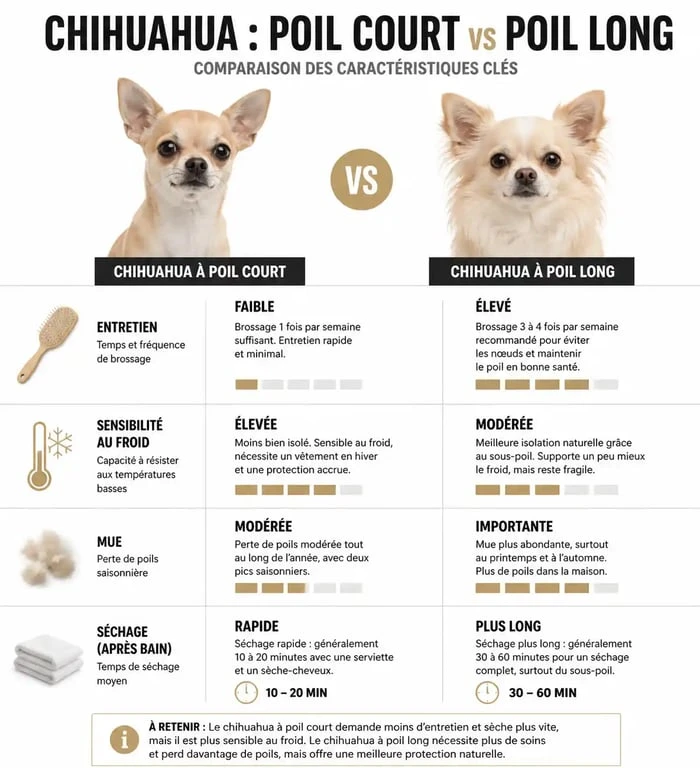 Infographie comparative des caractéristiques entre le chihuahua poil court et le chihuahua poil long pour mieux comprendre leurs besoins.