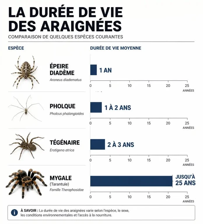 Infographie comparant la durée de vie des araignées domestiques et sauvages