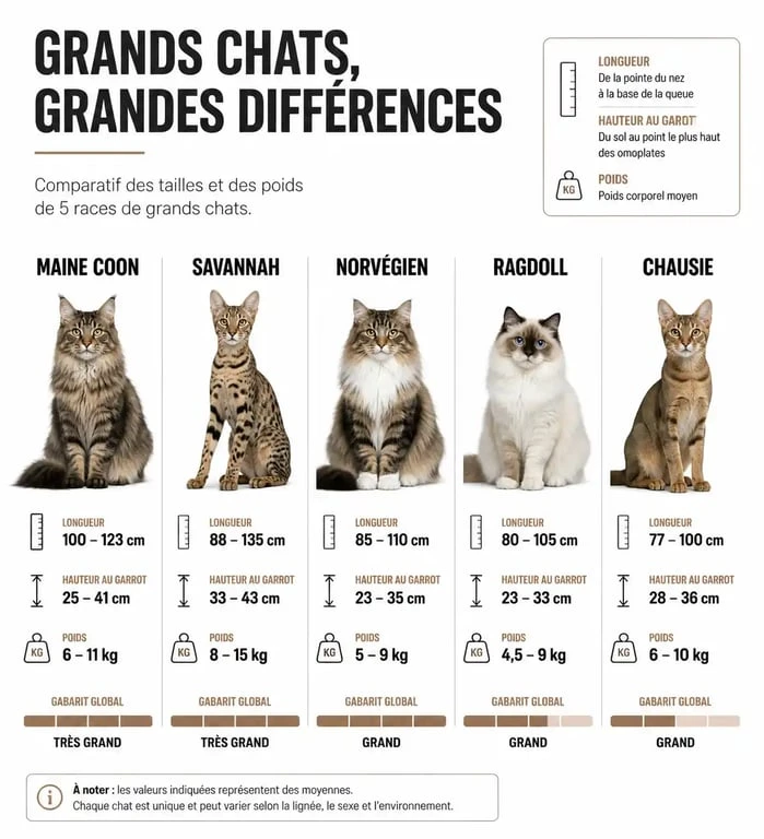 Infographie comparative des races de grands chats : poids et taille