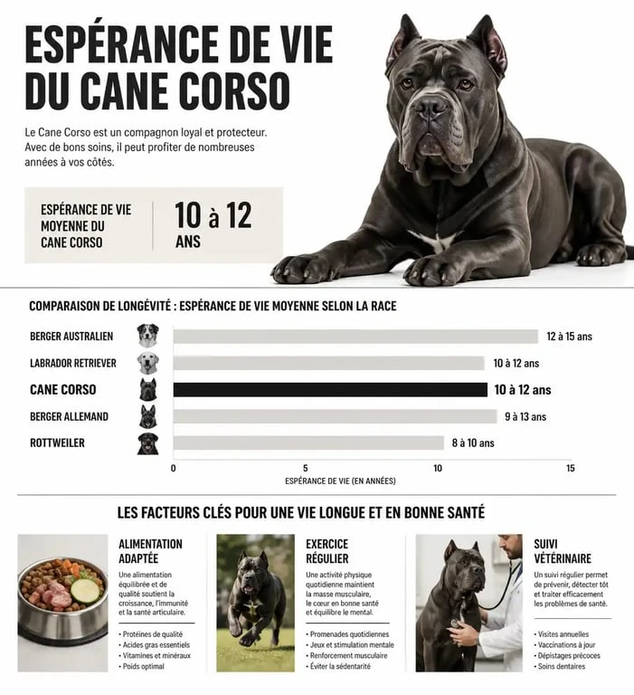 Infographie sur l'espérance de vie et les facteurs de santé du Cane Corso