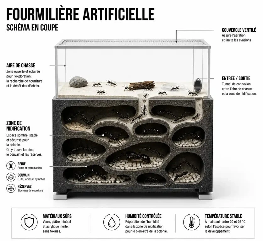 Schéma d'une fourmilière artificielle pour débuter son élevage et acheter des fourmis
