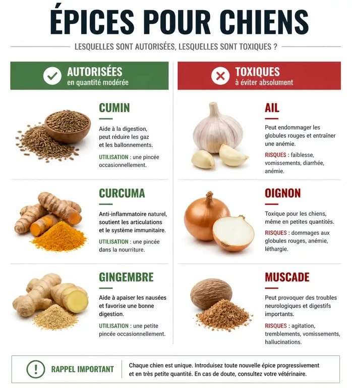 Infographie comparative des épices autorisées et toxiques pour les chiens : cumin, ail, oignon, curcuma, gingembre et muscade.