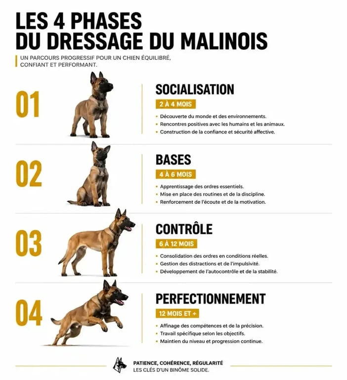 Infographie des étapes clés du dressage du malinois pour une éducation réussie