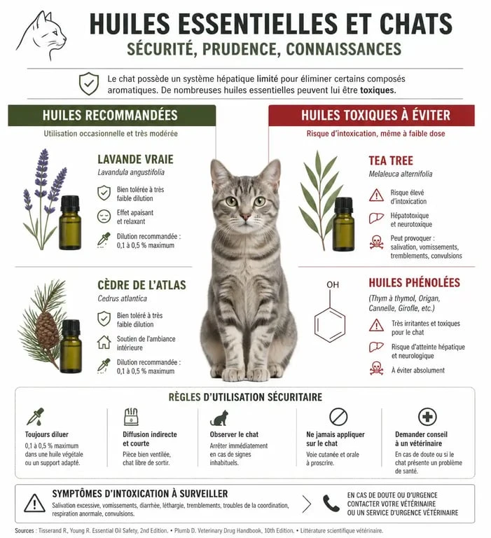 Infographie sur la sécurité des huiles essentielles anti-puce pour chat : huiles recommandées et toxiques