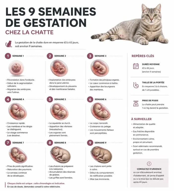 Infographie sur la durée de gestation du chat et les étapes du développement des chatons