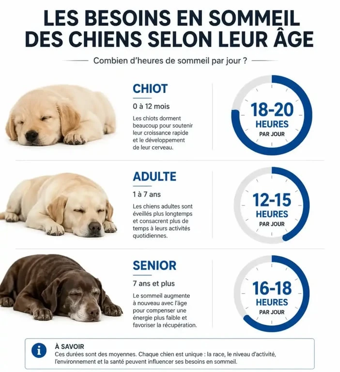 Infographie sur le temps de sommeil d'un chien par jour selon son âge