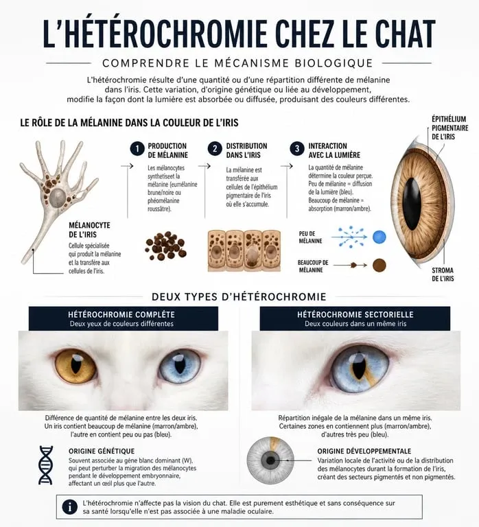 Schéma explicatif de l'hétérochromie chez le chat : différence entre yeux vairons complets et sectoriels