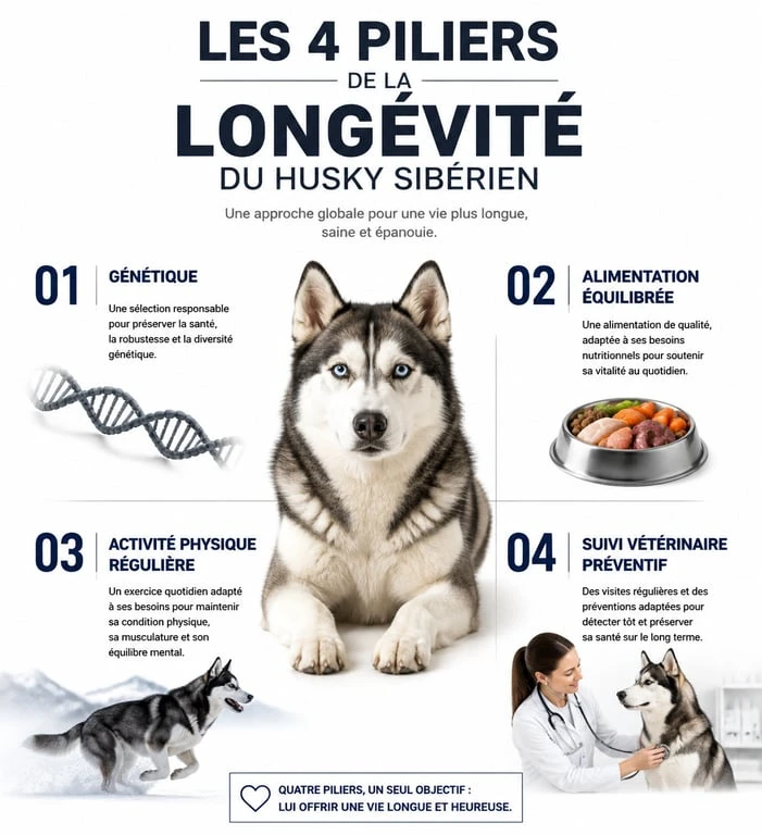 Infographie sur les facteurs influençant l'espérance de vie du Husky Sibérien et les soins pour sa santé.