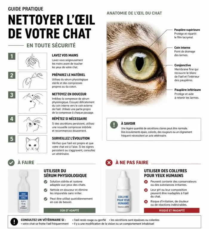 Infographie sur le traitement sans ordonnance de la conjonctivite chez le chat et les gestes de soin