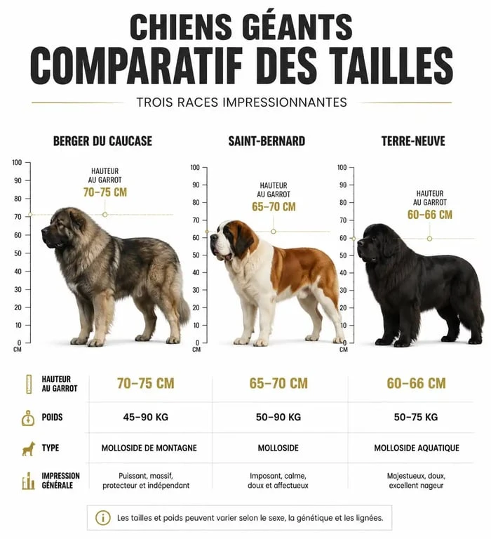 Comparaison de taille entre le Berger du Caucase géant et d'autres races de chiens de montagne