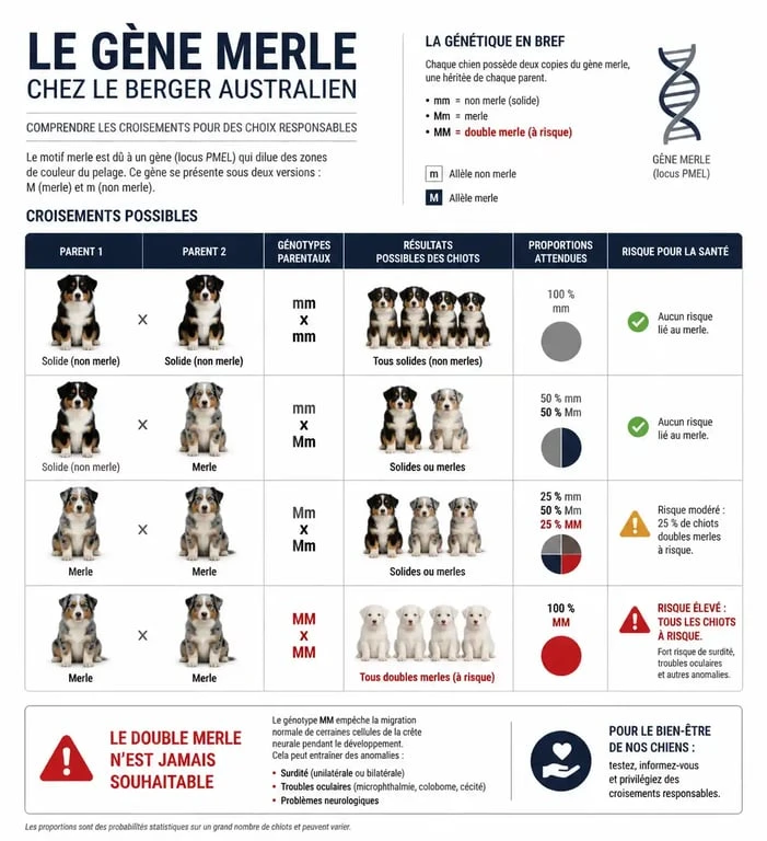 Schéma explicatif de la génétique du berger australien bleu merle et risques du double merle