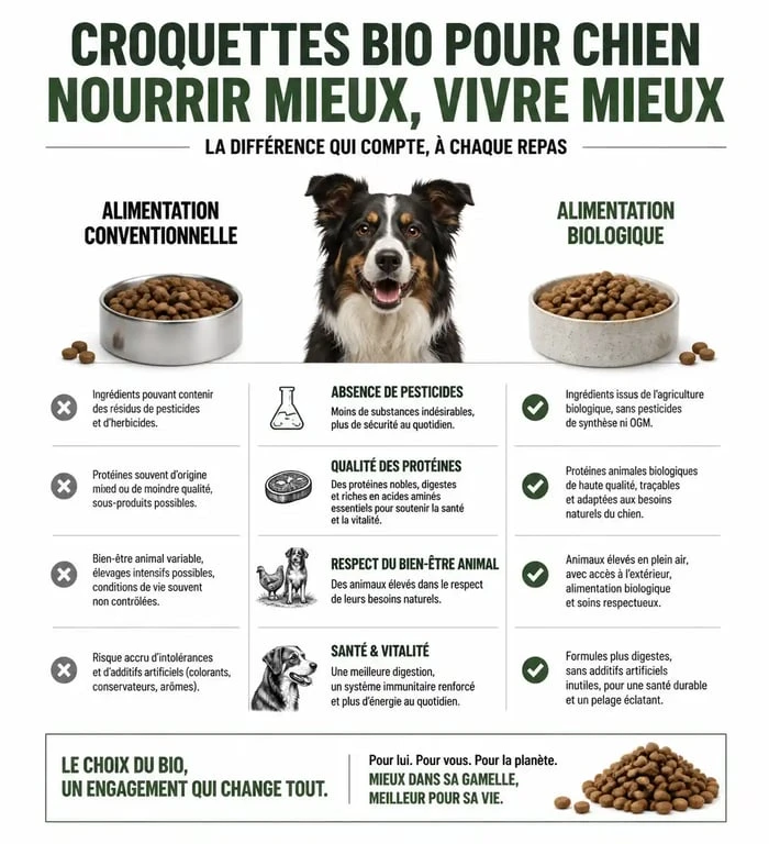 Infographie sur les bienfaits des croquettes chien bio pour la santé de l'animal