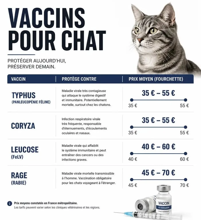 Infographie récapitulative des prix des vaccins pour chat et des maladies couvertes