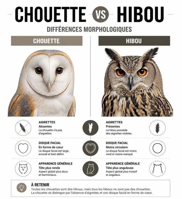 Infographie comparative des différences physiques entre une chouette domestique et un hibou pour mieux les identifier.