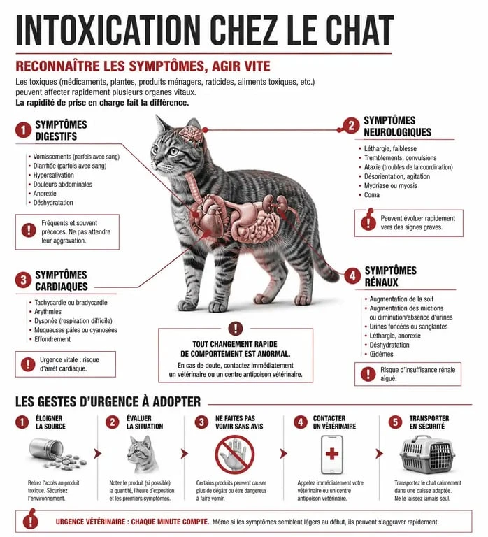 Infographie des symptômes et gestes d'urgence en cas d'ingestion de fleurs toxiques pour les chats