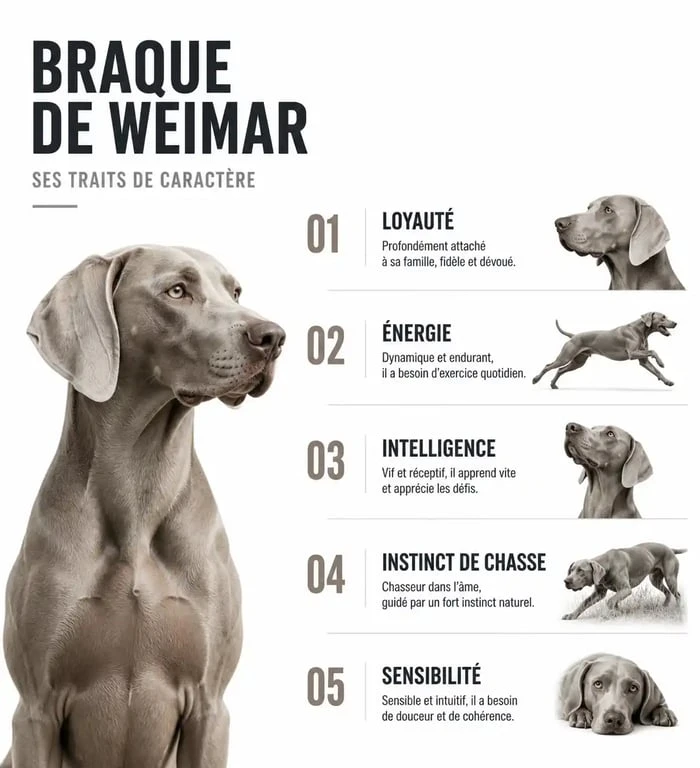 Infographie récapitulative du caractère du Braque de Weimar et de ses besoins quotidiens