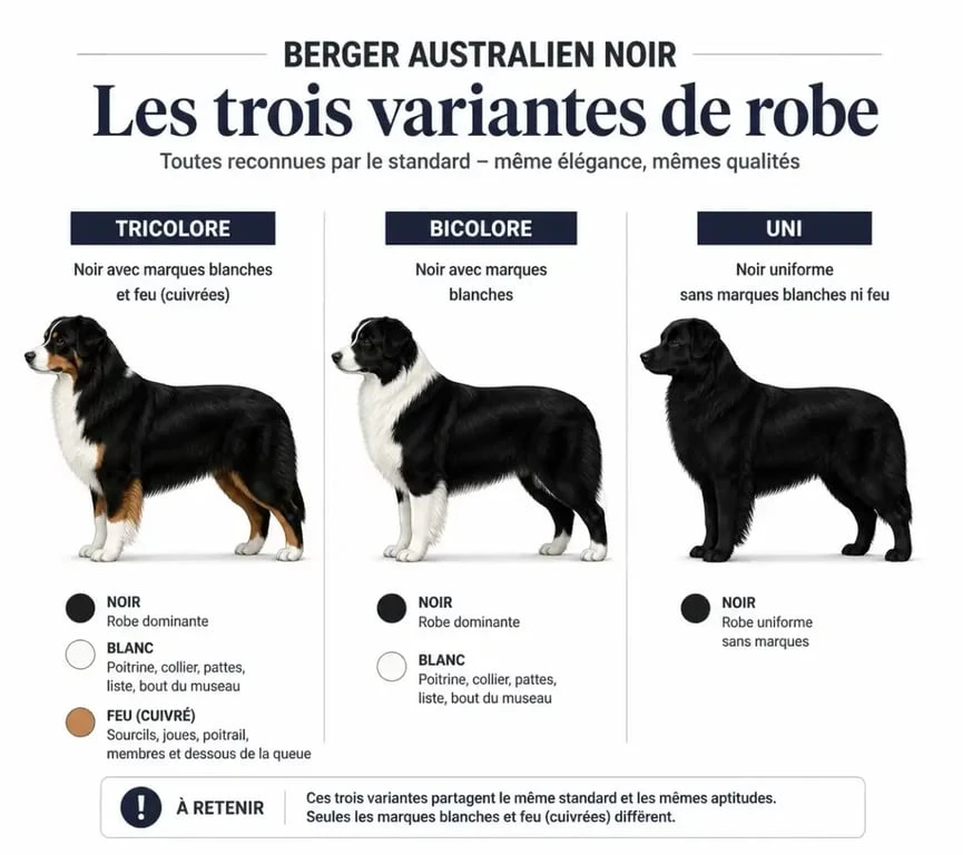 Variantes de robe du berger australien noir : tricolore, bicolore et uni