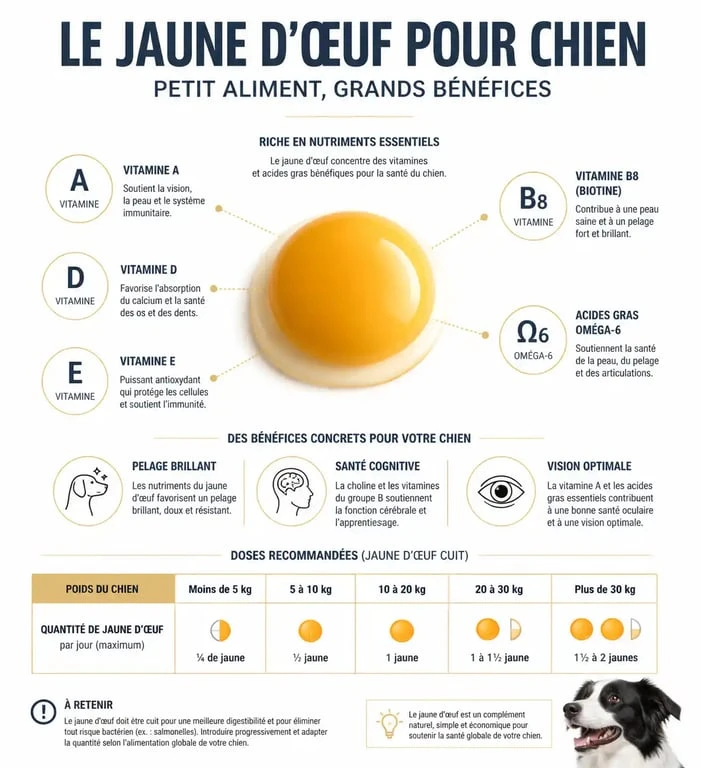 Infographie sur les bienfaits et le dosage du jaune d'œuf pour chien