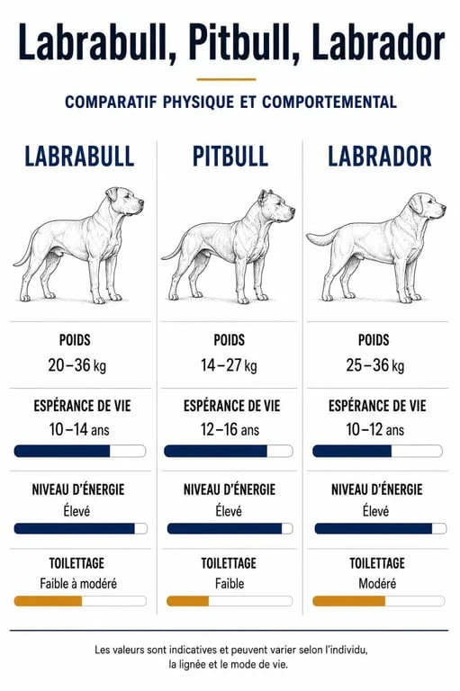 Infographie comparative des caractéristiques du Pitbull croisé Labrador, du Pitbull et du Labrador.