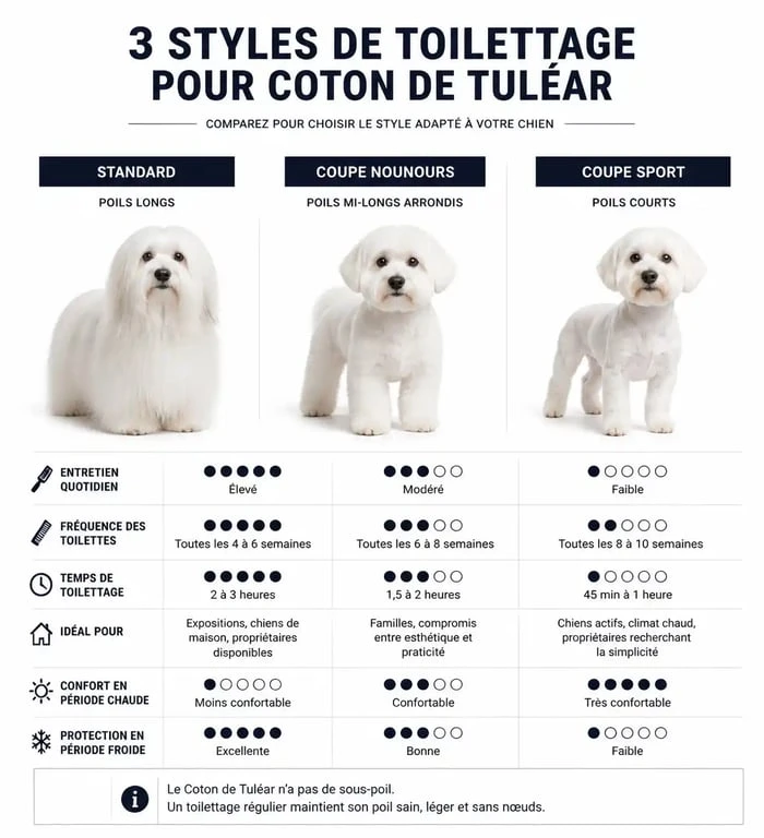 Comparatif des styles de toilettage pour Coton de Tuléar : coupe nounours, standard et sport.