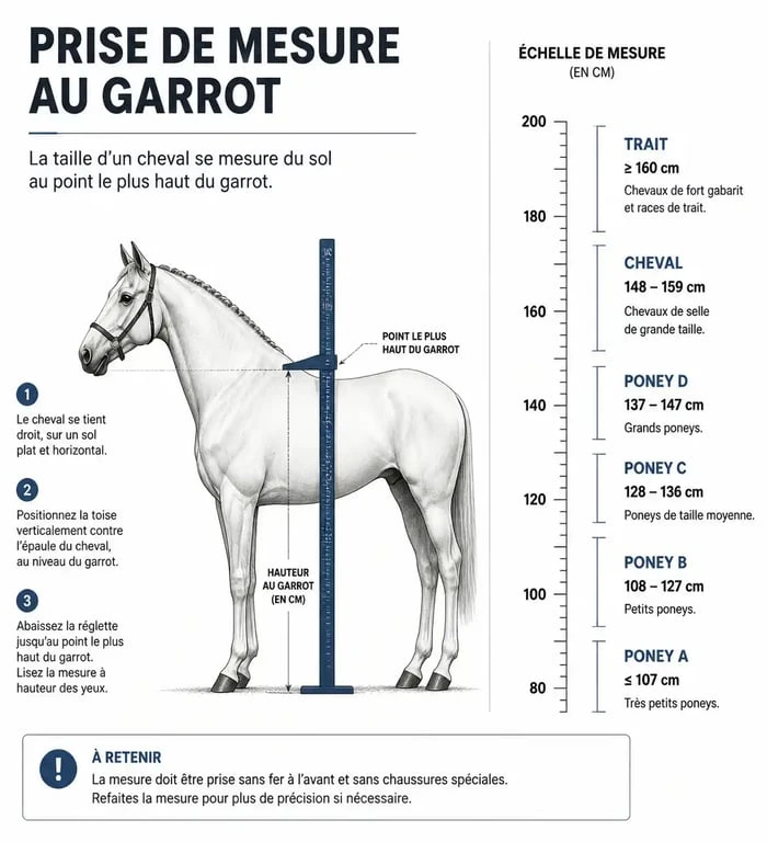 Schéma explicatif de la hauteur au garrot d'un cheval et des catégories de taille