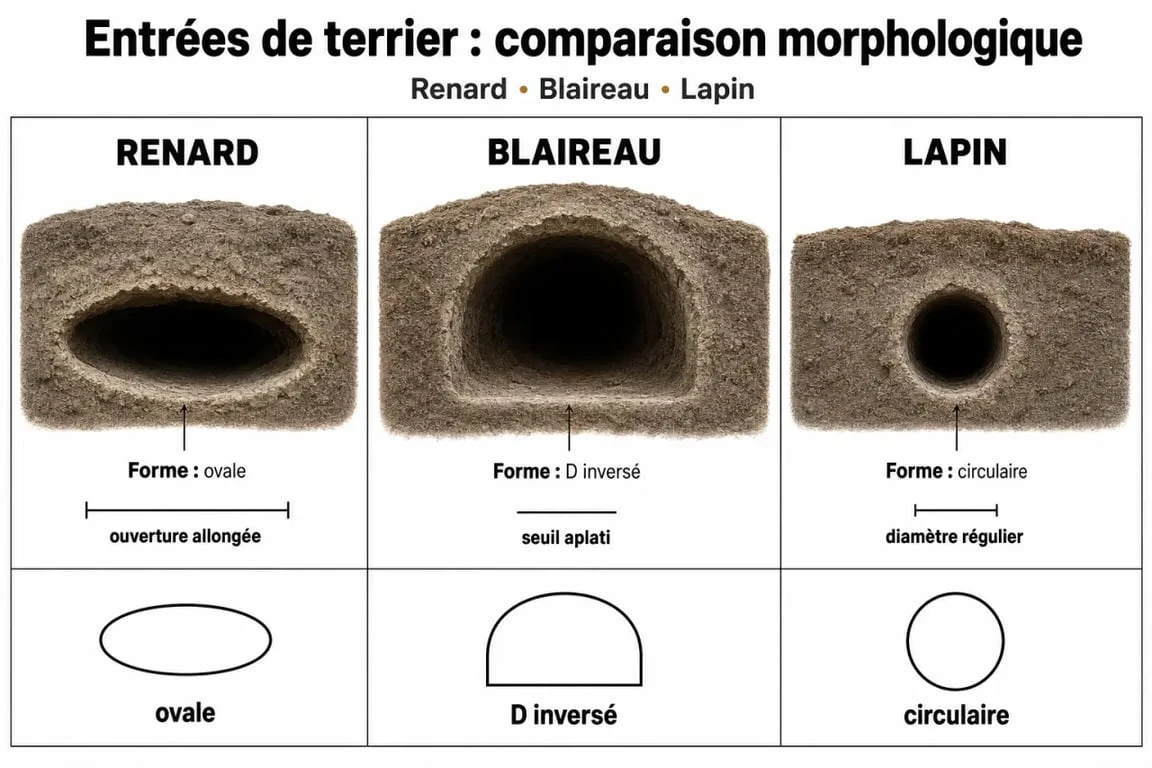 Infographie comparative des terriers de renard, blaireau et lapin pour une identification rapide sur le terrain
