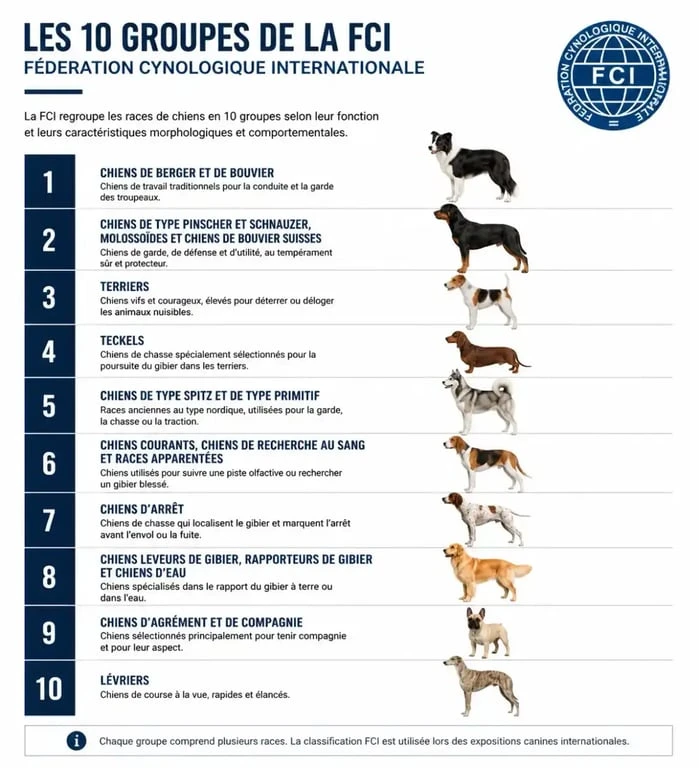 Infographie des 10 groupes de races de chiens selon la Fédération Cynologique Internationale pour le guide des races de chien de a à z