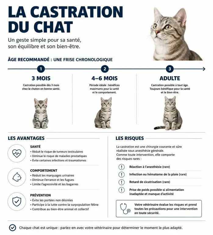 Infographie sur l'âge idéal pour la castration d'un chat et ses bénéfices santé