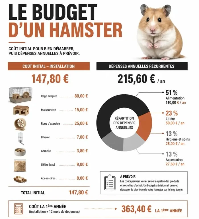 Infographie du budget annuel et des coûts d'entretien d'un hamster