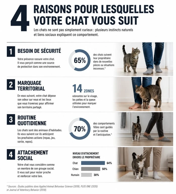 Infographie expliquant pourquoi mon chat me suit partout : sécurité, territoire, routine et lien social.
