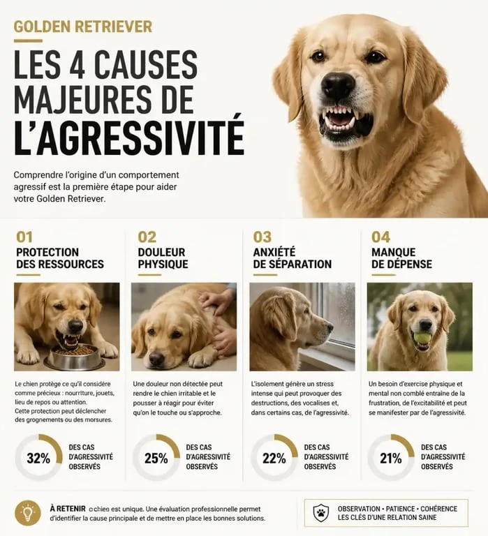 Infographie des 4 causes principales d'agressivité chez le Golden Retriever