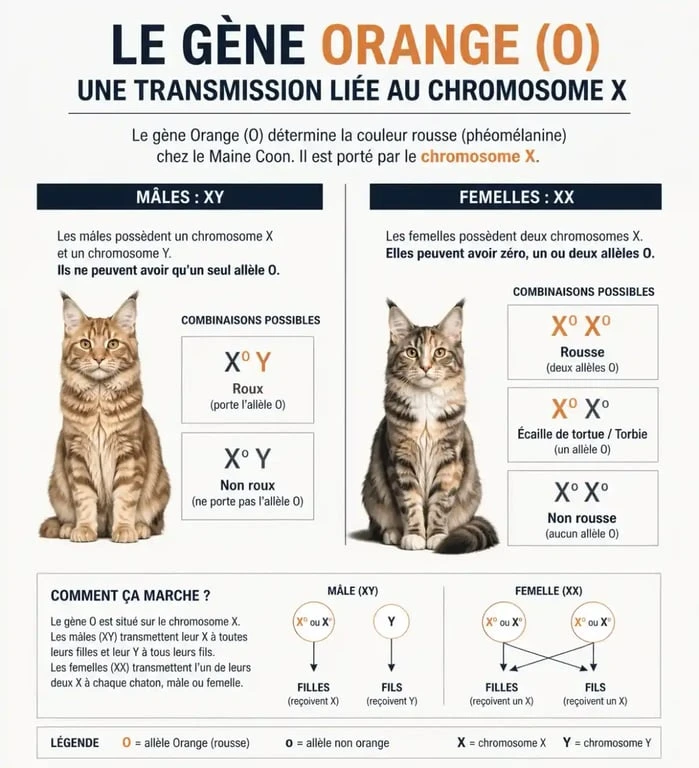 Schéma explicatif de la génétique du Maine Coon roux et transmission du gène Orange