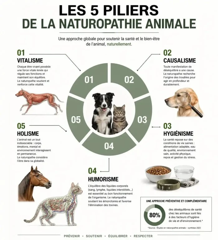 Infographie des 5 piliers de la naturopathie pour animaux : vitalisme, causalisme, hygiénisme, humorisme et holisme.