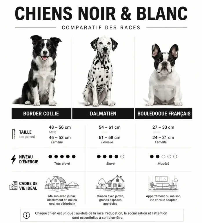 Infographie comparative des races de chiens blanc et noir : taille, énergie et environnement
