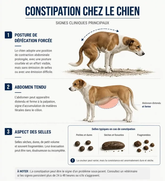 Infographie des signes cliniques de la constipation chez le chien pour aider les propriétaires à identifier les symptômes