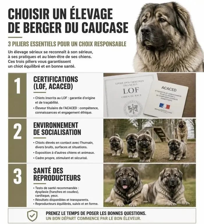 Infographie des critères de sélection pour un élevage de Berger du Caucase sérieux et responsable