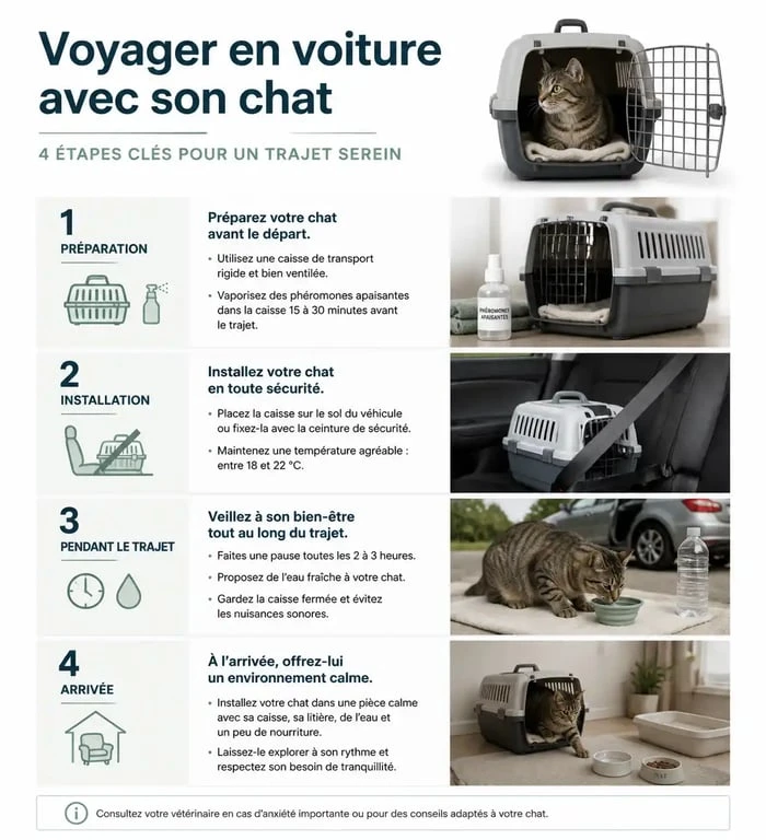 Infographie des étapes pour faire 600 km avec un chat en toute sécurité et confort