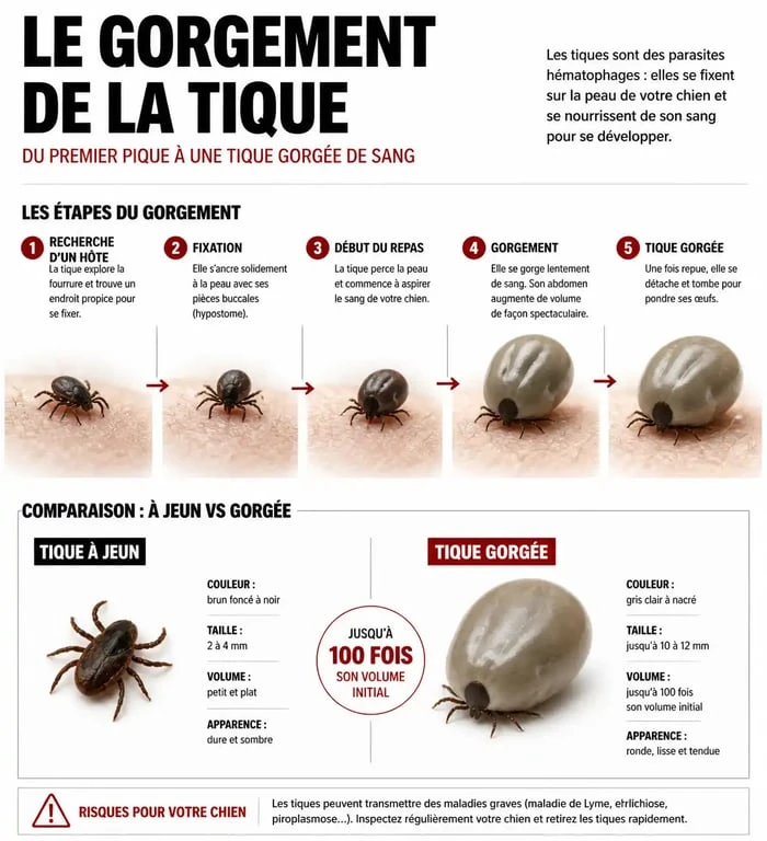 Infographie montrant l'évolution d'une tique blanche gorgée de sang sur un chien