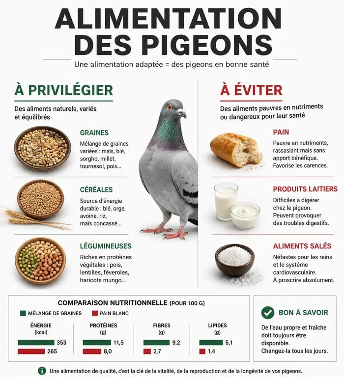 Infographie sur l'alimentation des pigeons : aliments adaptés et interdits pour la santé des oiseaux