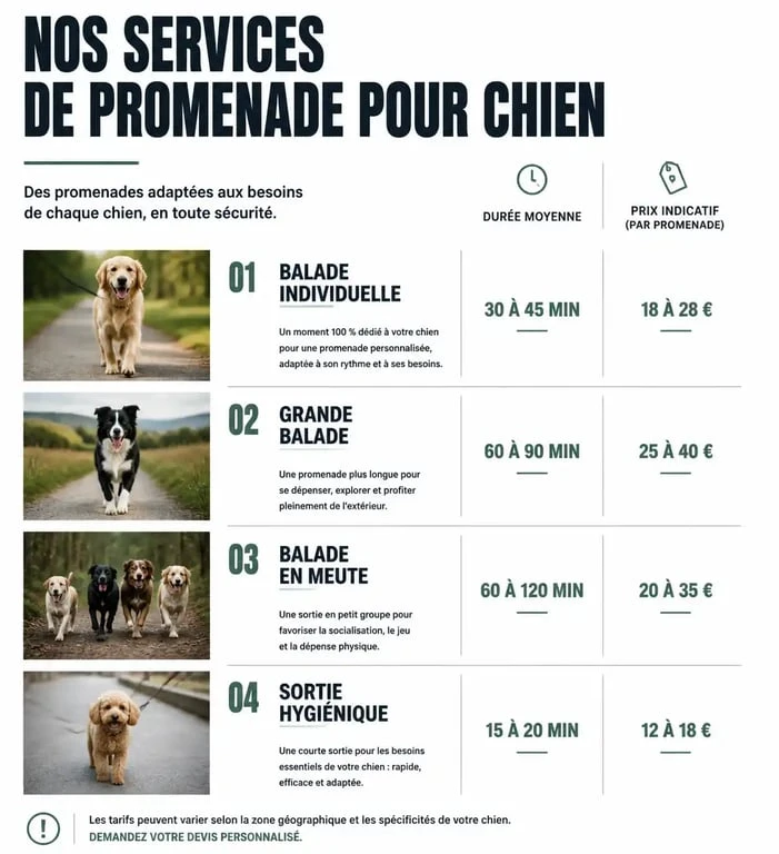 Infographie récapitulative des services et tarifs d'un promeneur de chien professionnel