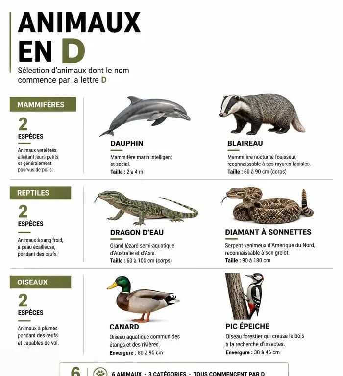 Infographie des animaux en D classés par catégorie pour le Petit Bac