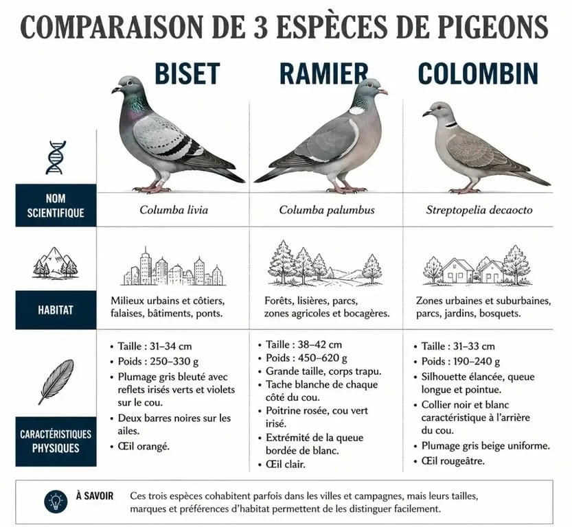Infographie comparative des espèces de pigeons : biset, ramier et colombin, avec leurs caractéristiques principales.