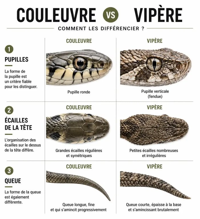 Infographie comparative pour identifier un serpent d'eau douce : couleuvre vs vipère