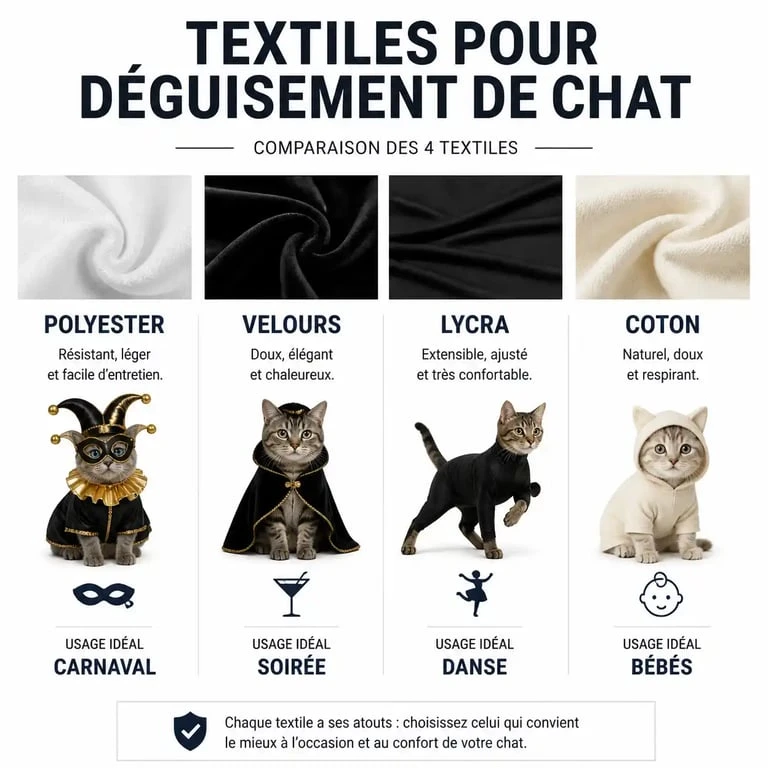 Infographie comparative des matières pour déguisement chat : polyester, velours, lycra et coton pour choisir le costume idéal.
