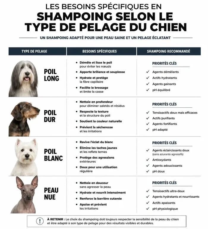 Infographie des besoins en shampoing pour chien selon le type de pelage pour choisir le meilleur shampoing pour chien.